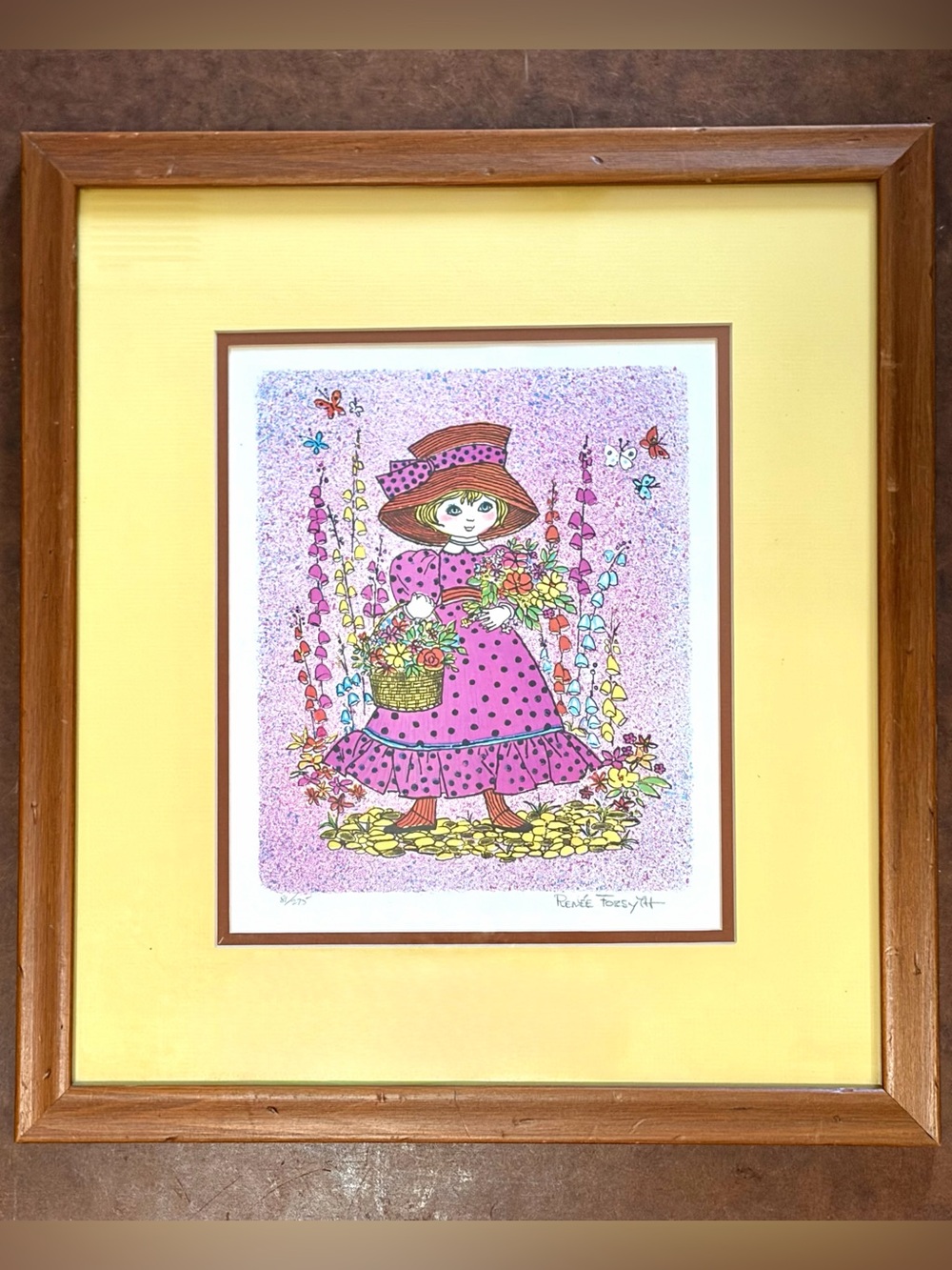 Vintage- 1970s Renée Forsyth Limited-Edition Lithograph Framed Pink Girl- Signed